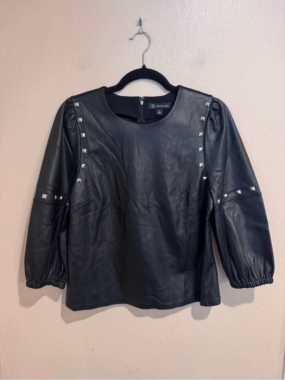 INC Edgy Black Faux Leather Studded Puff-Sleeve Top NWT